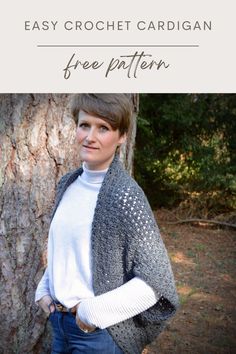 A lady stands in front of a tree wearing jeans, a white polo neck and a grey crochet coccoon cardigan Crochet Sweater Patterns Free, Crochet Cardigan Free