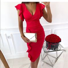 New Large Spring Red V-neck Bodycon Dress, Red V-neck Bodycon Dress For Spring, Red Dressy Midi Dress For Summer, Dressy Red Midi Dress For Summer, Red Bodycon Dress For Spring, Chic Red Bodycon Dress, Elegant Red Bodycon Dress For Summer, Red Summer Dresses For Going Out, Chic Red V-neck Bodycon Dress