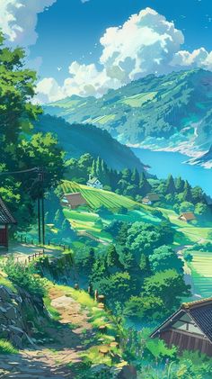 an anime landscape with houses and mountains in the background