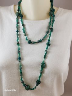 This necklace is one of my specialties.  It is a mixed lot of deep green natural stones.  There are emerald chips, green aventurine, Pearls, Ruby Zoisite, Chrysocolla, Swarovski Bicone crystals, Jade, all strung in a random fashion. It is strung on nylon fishing line, making it very strong.  There is no clasp, just wrap and go, Crystals Jade, Random Fashion, Ruby Zoisite, Infinity Necklace, Wedding Jewellery Necklace, Wedding Necklaces, Green Aventurine, Deep Green, Wedding Necklace