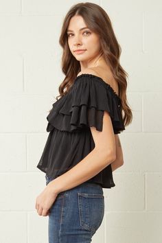 This top is so fun and flirty! Take her on vacation or on a hot date night! It's fully lined and doesn't have much stretch, except at the shoulders. This runs true to size. Fabric: 100% polyester Textured Crop, Black Brick, Chic Shop, Off Shoulder Tops, On Vacation, Off Shoulder Blouse, One Shoulder Blouse, Shoulder Top, Short Sleeves Tops