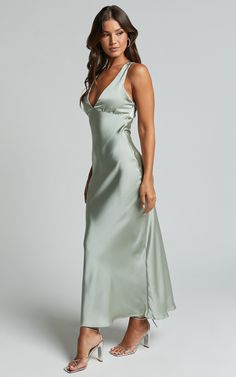 Khalani Midi Dress - Deep V Neck Satin Slip Dress in Sage Chic V-neck Slip Dress For Formal Occasions, Elegant V-neck Slip Dress For Wedding, Modal Satin V-neck Party Dress, Chic V-neck Modal Satin Maxi Dress, Sleek V-neck Evening Dress, Silk V-neck Slip Dress For Prom, Chic Modal Satin Dress For Prom, V-neck Satin Maxi Dress, Fitted V-neck Satin Dress With Bias Cut