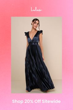 a woman in a long black dress with the words shop 20 % off site on it