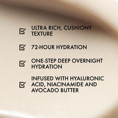 Same Formula, New Look! Vegan (Free-of animal derived ingredients)What It Is: This ultra-moisturizing overnight avocado face mask instantly delivers 72-hour hydration and keeps skin-even hands-soft and smooth. What It Does: Infused with Hyaluronic Acid and Avocado Butter, this overnight sleeping mask drenches thirsty skin with 72 hours of non-stop hydration. Skin awakens with a dewy radiance. Bonus: it can be used on dry hands as a moisturizing hand mask. We Formulate Without:1,500+ ingredients Face Mask For Dry Skin, Overnight Face Mask, Mask For Dry Skin, Avocado Face Mask, Hydrating Face Mask, Avocado Butter, Hand Mask, Clinique Moisturizer, Clear Pores