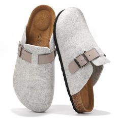 two gray and white slippers with buckles on the bottom, one is closed