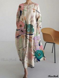 Olivia Mark - Loose Fit Round Neck Fashionable Long Sleeve Printed Dress Printed Casual Dresses, Maxi Dress Pattern, Flower Skirt, Printed Long Dresses, Long Sleeve Print Dress, Crewneck Dress, Mid Length Skirts, Dress Picture, Loose Dress