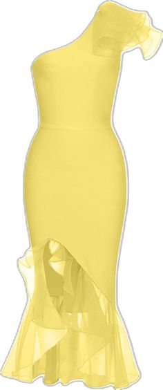 BANDAGE ONE-SHOULDER MIDI DRESS IN YELLOW Glamorous Yellow Dress For Date Night, Elegant Yellow Bodycon Summer Dress, Glamorous Yellow Mini Dress For Summer, Glamorous Yellow Dress For Prom, Glamorous Yellow Party Dress, Chic Yellow Dress For Party Season, Yellow Midi Length Dress For Night Out, Yellow Knee-length Midi Dress For Night Out, Yellow Fitted Prom Dress