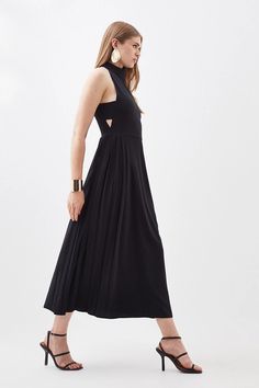 Soft Tailored Pleated Panel Midaxi Dress Pleated Stretch Midi Dress For Date Night, Stretch Pleated Midi Dress For Date Night, Chic High Neck Stretch Maxi Dress, Spring High Neck Maxi Dress For Date Night, High Neck Maxi Dress For Spring Date Night, Summer High Neck Maxi Dress, Chic Stretch High Neck Maxi Dress, Elegant High Neck Maxi Dress For Spring, Stretch Pleated Midi Dress