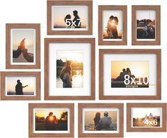 a group of framed photos hanging on the wall next to each other in different frames