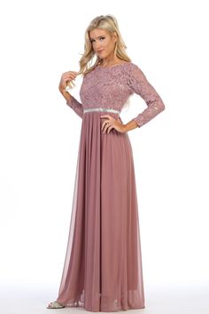 Captivate the room in this long-sleeved evening dress with lace bodice by Celavie 6305L. This beautiful formal gown features a sheer sequined lace bodice with long three-quarter length sleeves, sparkly waistline adorned with rhinestones, floor length chiffon A-line skirt, and a zipper closure. Affordably priced at $149, this long evening dress is perfect for any formal event and will keep you on budget! Designer: Celavie Style Number: 6305-L Material: Lace, Chiffon, 100% Polyester Details: Bra C Dress With Sleeve, Semi Formal Wedding, Bodice Dress, Lace Chiffon, Dress With Long Sleeves, Bad Mood, Chiffon Skirt, Dress Purchase, Bridesmaids Dresses