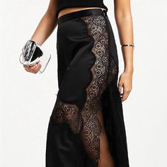 Fancy High Rise Skirt With Lace Insert Elegant Black Maxi Skirt For Night Out, Chic Black Maxi Skirt For Cocktail, Chic Black Maxi Skirt For Night Out, Elegant Black Maxi Skirt For Party, Chic Formal Lace Skirt, Elegant Black Bottoms For Cocktail, Elegant Lace Evening Skirt, Chic Lace Bottoms For Date Night, Elegant Evening Bottoms With Lace Trim