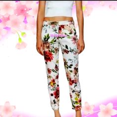 Zara Floral Print Chino Pants Trousers Casual White Floral Print Bottoms, White Floral Print Pants, White Floral Print Straight Pants, White Floral Print Summer Pants, White Floral Print Pants For Summer, White Floral Print Ankle-length Bottoms, White Floral Print Ankle-length Pants, White Floral Print Trousers, Ankle-length Printed White Pants