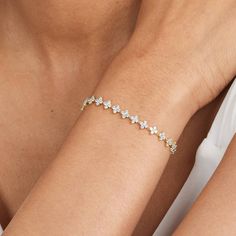 14K Yellow Gold Blossom Lab-Created Diamond Tennis Bracelet Minimalist Bracelet Diamond, Tennis Bracelet White Gold, Elegant Diamond Bracelet, Delicate Gold Diamond Tennis Bracelet, Minimal Diamond Jewelry, Delicate Tennis Bracelet For Anniversary, Dainty Gold Diamond Bracelet, White Gold Bracelet Women, Tennis Bracelet Aesthetic