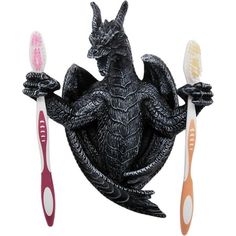 This Pterosaur Style Tooth Brush Holder is made of Durable Resin and has Two Arms that Pose as the Holders. Perfect Size to fit into Any Small Bathroom or Powder Room. It Features Two Hooks on the Back to Make for Easy Mounting (Mounting Hardware is NOT Included). Works as a Holder for Razors, Nail Clippers, Hair Ties or Other Bathroom Accessories. Size: 6inchH x 3inchW x 8inchH.  Color: Blue. Dinosaur Toilet Paper Holder, Dragon Bathroom Decor, Steampunk Toothbrush Holder, Sea Monster Bathroom, Octopus Toothbrush Holder, Tooth Brush Holder, Unique Bathroom Decor, Bathroom Projects, Toothbrush Holders