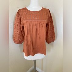 Brand Nwt Never Worn J. Crew Eyelet Blouse With Eyelet 3/4 Sleeves. Lightweight Cotton Perfect With Shorts Or A Skirt. Color: Burnt Orange Fabric: 100% Cotton Size: S Feminine Cotton Puff Sleeve Top For Fall, Half-sleeve Cotton Blouse For Brunch, Cotton Half Sleeve Blouse For Brunch, Half Sleeve Cotton Blouse For Brunch, Short Sleeve Puff Top For Daywear In Fall, Fall Puff Sleeve Top With Short Sleeves For Daywear, Fall Puff Sleeve Top For Daywear, Padded Blouse For Brunch In Fall, Fall Cotton Peasant Top For Work