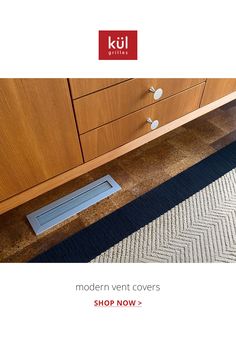 kul grilles brushed chrome floor vent cover on carpet complements the chrome hand pulls on a mid century modern credenza Floor Vents Covers, Vent Covers Decorative, Flooring Remodel, Modern Kitchen Hardware, Modern Kitchen And Dining, Wall Vent Covers, Floor Vent, Floor Vent Covers, Dining Room Renovation