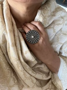 Complete your festive look with this stylish elegant ring, handcrafted by our artisans in Rajasthan.  Metal Purity: Hallmarked 925 Silver Adjustable  Weight of the ring: 21 grams Elegant Oxidized Round Rings, Elegant Rings With Oxidized Finish, Festive Sterling Silver Toe Ring, Traditional Silver Gemstone Rings, Traditional Silver Rings With Gemstone, Traditional Silver Diamond Ring, Silver Ring For Celebration, Festive Toe Rings For Gifts, Elegant Oxidized Finish Ring As Gift