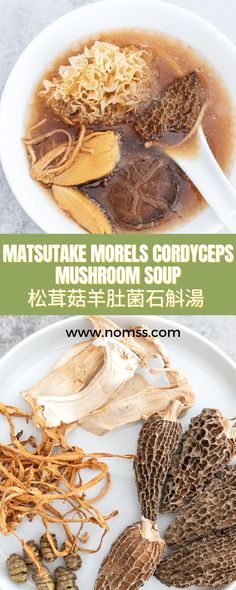 two different types of mushrooms on a white plate with chopsticks and seasonings