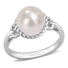 This captivating piece of jewelry effortlessly combines the timeless allure of pearls with the intricacy of sterling silver craftsmanship. At the heart of this ring lies a lustrous, round-shaped cultured freshwater pearl, measuring between 9 and 9.5MM. Surrounding the radiant pearl is a delicate rope-like frame, meticulously crafted from high-quality sterling silver. The intricate detailing of the rope design adds a touch of refinement and texture to the overall composition. It can be paired eff Classic Pearl Ring With Pearl Drop, Classic Round Pearl Ring With Pearl Drop, Anniversary Akoya Pearl Rings, Fine Jewelry Pearl Ring With Round Band, Silver Akoya Pearl Drop Ring, Classic Sterling Silver Pearl Drop Ring, Pearl White Pearl Ring For Anniversary, Classic Silver Ring With Akoya Pearl, Silver Ring With Pearl Charm