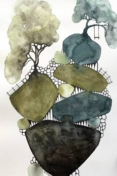 watercolor painting of trees and rocks on white paper with black ink in the middle