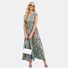 Women's Paisley Print V-neck Maxi Dress - Cupshe-xs-multi : Target Wedding Attendee Dress, Plus Size Long Dresses, Floral Print Maxi, Long Dresses, Paisley Pattern, Women's Summer Fashion, Art Journals, Paisley Print, Uniqlo