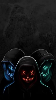 two hooded men with glowing faces in the dark, one is wearing a neon mask