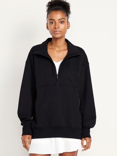 spread collar dolman sleeves zip pockets rib-knit trim breathable oversized fit hits at hip models are approx.  5'9" and wear sizes s (4), l (12) and xl (18) Zip Shirt Women, Sportswear Track Jacket With Ribbed Collar For Fall, Sporty Half-zip Sweatshirt With Ribbed Collar, Athleisure Half-zip Tops With Pockets, Versatile Half-zip Sweatshirt With Ribbed Cuffs, Relaxed Fit Half-zip Hoodie For Fall, Fall Half-zip Activewear With Ribbed Cuffs, Half-zip Sweats With Ribbed Cuffs For Fall, Fall Half-zip Sweats With Ribbed Cuffs