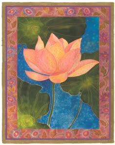 a painting of a pink lotus flower with green leaves