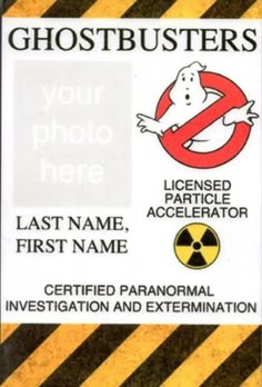 a sign that says ghostbusters is in front of a black and yellow striped background