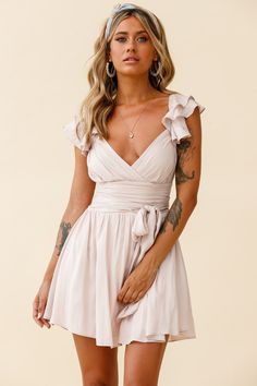 Buy the Lola Ruffle Shoulder Ruched Dress Nude | Selfie Leslie French Rivera Outfits, Perspex Heels, Selfie Leslie, Nude Dress, School Dance, Mini Dress Casual, Date Night Dresses, Special Birthday, Ruched Dress