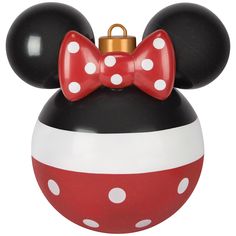 a mickey mouse ornament with a red bow on it's head and polka dots