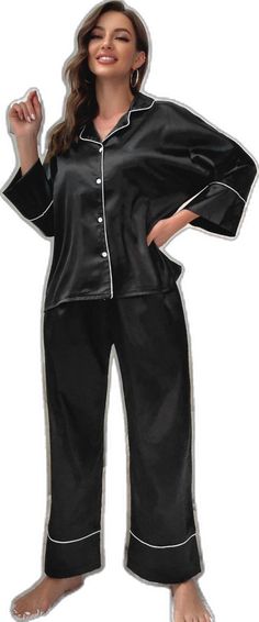 Black Relaxed Fit Sets For Workwear, Black Relaxed Fit Workwear Sets, Black Long Pants Pajama Party Set, Black Loungewear Set With Long Pants, Black Sleepwear Set With Long Pants, Black Sleep Sets With Long Pants, Contrast Piping, Style Minimalist, Lapel Collar