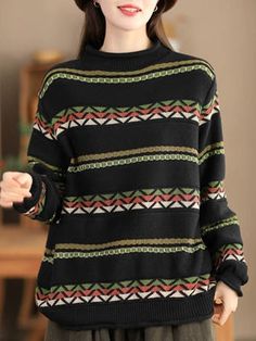 Details: Gender: Women Item Type: Cardigan Material: Cotton Pattern Type: Stripe Season: Spring, Autumn Style: Leisure, Daily, Retro Occasion: Going Out, Daily Size: One Size Length: 62.00 cm/ 24.41 " Bust: 122.00 cm/ 48.03 " Shoulder: 42.00 cm/ 16.54 " Sleeve: 59.00 cm/ 23.23 " Black Casual Cardigan With Fair Isle Pattern, Casual Black Cardigan With Fair Isle Pattern, Casual Turtleneck Top With Fair Isle Pattern, Black Long Sleeve Cardigan With Fair Isle Pattern, Winter Layering Jacquard Knit Tops, Green Jacquard Knit Sweater, Casual Jacquard Knit Sweater For Work, Casual Jacquard Knit Workwear Sweater, Winter Jacquard Knit Tops For Work