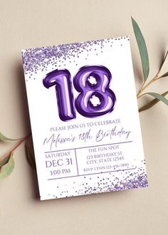 an elegant purple and white birthday card with the number sixteen printed on it, surrounded by greenery