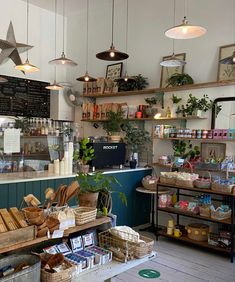 the inside of a store filled with lots of goods and plants on shelves above it