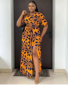 Check out this item in my Etsy shop https://www.etsy.com/listing/820571502/african-print-dress-african-dress Fitted Orange Maxi Dress For Dress Down Occasions, Patterned V-neck Maxi Dress With Vibrant Print, Fitted Dress With Side Slits For Vacation, Fitted Vacation Dress With Side Slits, Long Dresses With Side Slits For Vacation, Long Vacation Dress With Side Slits, Casual Fitted Floor-length Dresses, Printed Yellow Maxi Dress, Bohemian Fitted Dress With Side Slits