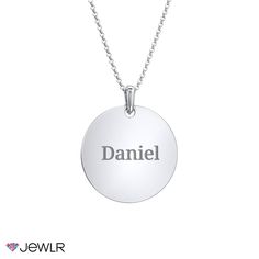 This disk necklace is a classic piece to customize for yourself, or the perfect gift for a friend or loved one. Personalize by engraving a name, significant date, or meaningful message. Create yours in sterling silver, white, or yellow gold with a choice of chain. Personalized White Gold Stainless Steel Jewelry, Classic Personalized Stainless Steel Necklaces, Personalized Stainless Steel White Gold Necklace, Classic Customizable Initial Pendant Jewelry, Customizable Classic Initial Pendant Jewelry, Classic Silver Engraved Charm Necklace, Classic Silver Engraved Charm Necklaces, Minimalist White Gold Name Necklace For Anniversary, Classic Stainless Steel Jewelry For Personalized Gifts