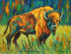 an oil painting of a bison in the grass