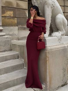 Off Shoulder One Neck Fit High Waist Women's Dresses Chic Solid Color Long Sleeves Vestidos New Chic Maxi Dresses, Knit Dresses, Long Knitted Dress, 2 Piece Skirt Set, Womens Knit Dresses, Long Sleeve Knit Dress, Elegant Red, Maxi Knit Dress, Women Long Dresses