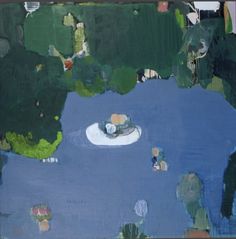 an abstract painting with blue water and green trees in the background, surrounded by white objects