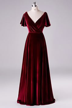 Burgundy Velvet Wrap Long Bridesmaid Dress with Flare Sleeves Red Purple Bridesmaid Dresses, Purple Velvet Dress Long, Red Velvet Bridesmaid Dresses, Velvet Fabric Dress, Red Velvet Dress Long, White Velvet Dress, Maroon Velvet Dress, Long Velvet Dress, Stretch Velvet Dress