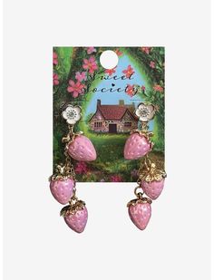 Sweet Society Pink Strawberry Charm Earrings Sweet Society, Strawberry Stuff, Strawberry Jewelry, 80s Inspired Outfits, Hello Kitty Room Decor, Pink Strawberries, Random Products, Hello Kitty Rooms, Strawberry Charm