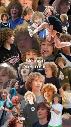 the collage shows many different people with curly hair and one child holding a basketball