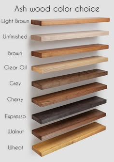 the ash wood color choice for shelving is shown in three different colors and sizes