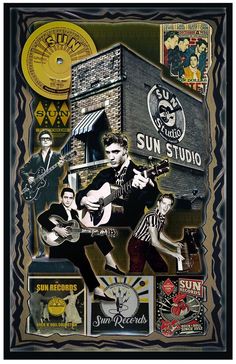 a collage of photos with the sun studio logo and various music related items on it