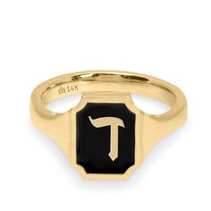 The perfect gift for yourself or loved ones, the Tom ring captivates the eye with its gleaming rich black enamel with a Hebrew letter of your choosing. Our contemporary collection of the Hebrew alphabet, handcrafted by our Hotcrown team, is inspired by the blend of ancient and modern Jewish culture. This harmonious collection represents perpetuity, refinement, empowerment, and originality. Any gold Hebrew letter stuns on your finger effortlessly catching the light. All features can be customized! Please contact us if you wish to make changes, we love making custom designs. All of our jewelry is carefully handmade in our atelier. *HC diamond are all conflict-free diamonds To order by phone 972-72-2991000 Classic Enamel Ring With Polished Finish As A Gift, Classic Black Enamel Ring For Anniversary, Classic Polished Enamel Ring For Gift, Yellow Gold Enamel Ring With Black Enamel As Gift, Timeless Yellow Gold Enamel Ring Gift, Classic Enamel Ring With Polished Finish, Yellow Gold Ring With Black Enamel For Gift, 14k Gold Black Enamel Ring For Anniversary, Classic Enamel Ring As Gift