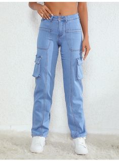 Women's Cargo Denim Pant Straight Leg Loose Stretch Pocket Cargo Jeans Street Fits, Streetwear Jeans, Denim Patterns, Pants Loose, Women Cargos, Waist Jeans, Crop Top Blouse, Cargo Jeans, Jeans Women