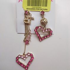 1" 2-Tone Heart Dangling From Pink Rhinestone: 1 From 1-1/2" Gold Chain With Gold Heart And 4 Accompanying Chains Ending In Pearl And Beads; Other From 1/2" Gold Filigree Ball. Studs. Gold Fixings. 2-3/4" And 1-3/4" Drops. Retail - $35. Nwt Pink Heart Cut Earrings For Party, Pink Heart Charm Jewelry For Party, Pink Heart-shaped Jewelry With Heart Detail, Pink Dangle Heart Earrings For Party, Pink Heart Beads Earrings For Party, Pink Heart Detail Jewelry For Valentine's Day, Pink Heart-shaped Jewelry For Party, Pink Heart Jewelry For Party, Pink Heart-shaped Party Jewelry