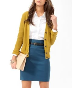 Cute and simple peacock pencil skirt, mustard cardigan, white blouse. Good work outfit. Mustard Cardigan, Teaching Outfits, Outfit Chic, Yellow Cardigan, Sweater Dress Women, Blue Skirt