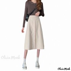 Olivia Mark - Umbrella Skirt Style High Waist Pleated A-Line Midi Skirt with Button Closure High-waisted Skirt With Button Closure For Spring, High Waist Skirt With Button Closure For Spring, Spring High Waist Skirt With Button Closure, Fall A-line Skirt With Buttons, High Waist Skirt With Buttoned Pockets For Spring, Spring High Waist Skirt With Buttoned Pockets, Casual A-line Bottoms With Buttons, Beige Relaxed Skirt With Button Closure, Fall Workwear Skirt With Buttoned Pockets